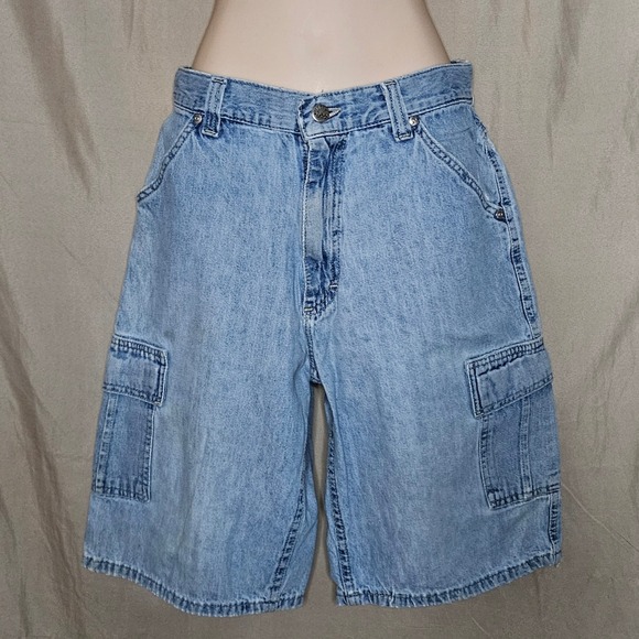 Y2k Vintage Lee Pipes Denim Cargo Shorts Light Wash Logo Patch‎ - Picture 1 of 8